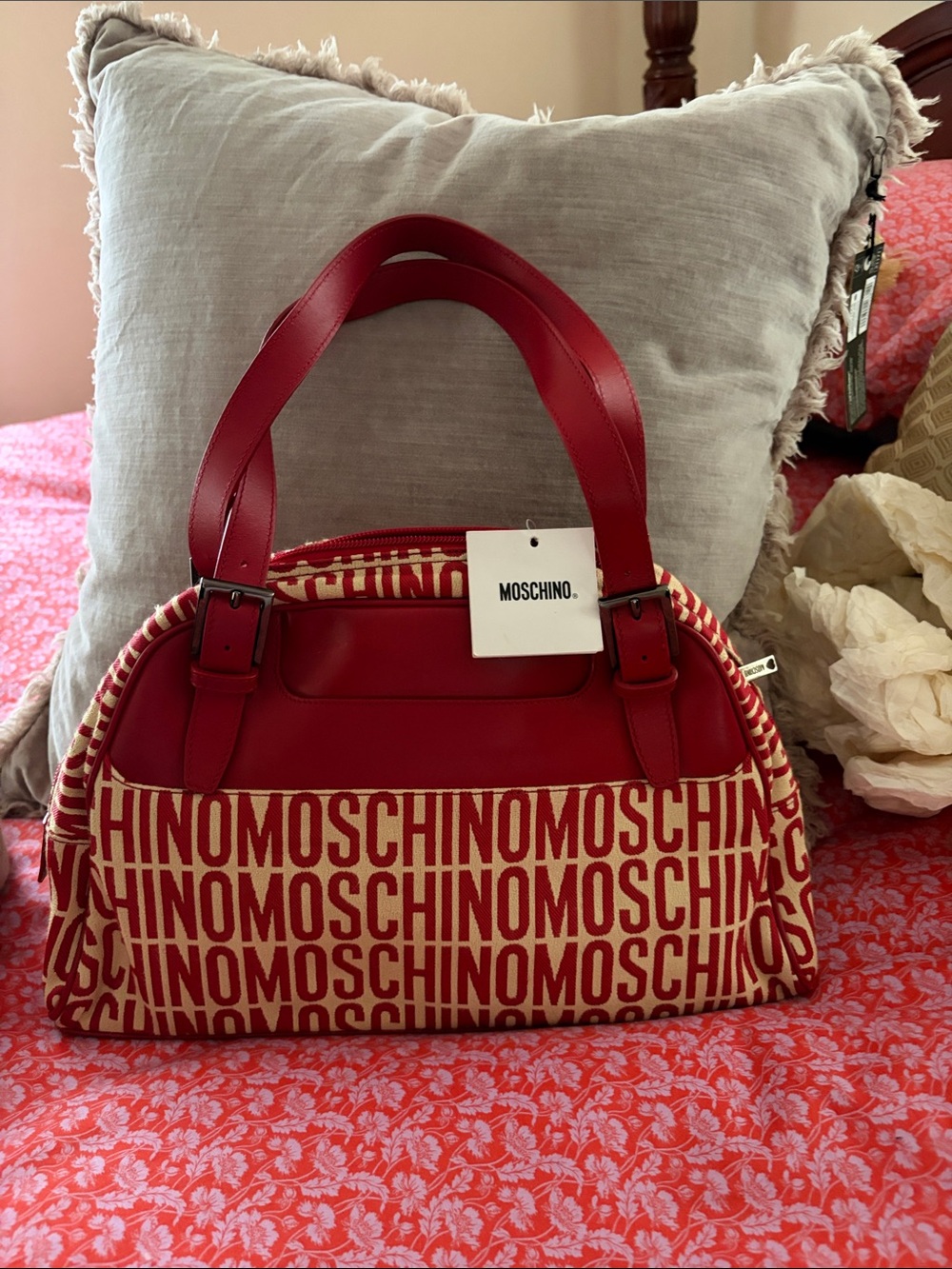 Moschino Red and Cream Logo Satchel
